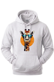 White hoodie with a colorful giraffe design on a white background