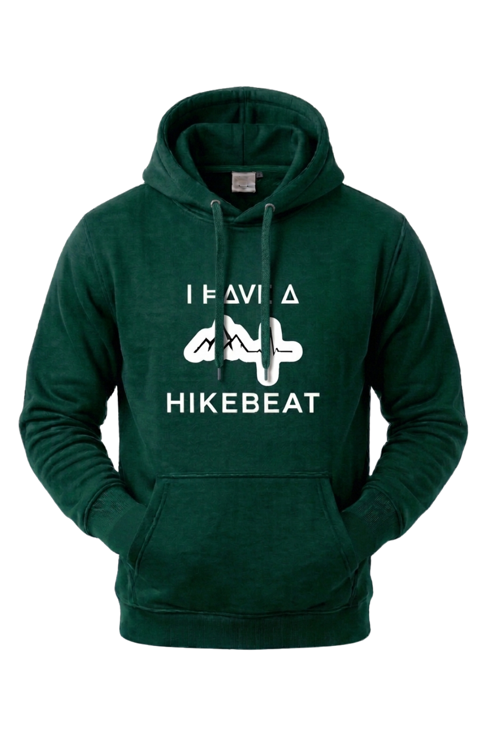 Green hoodie with 'I Have A Hikebeat' text and logo on a white background