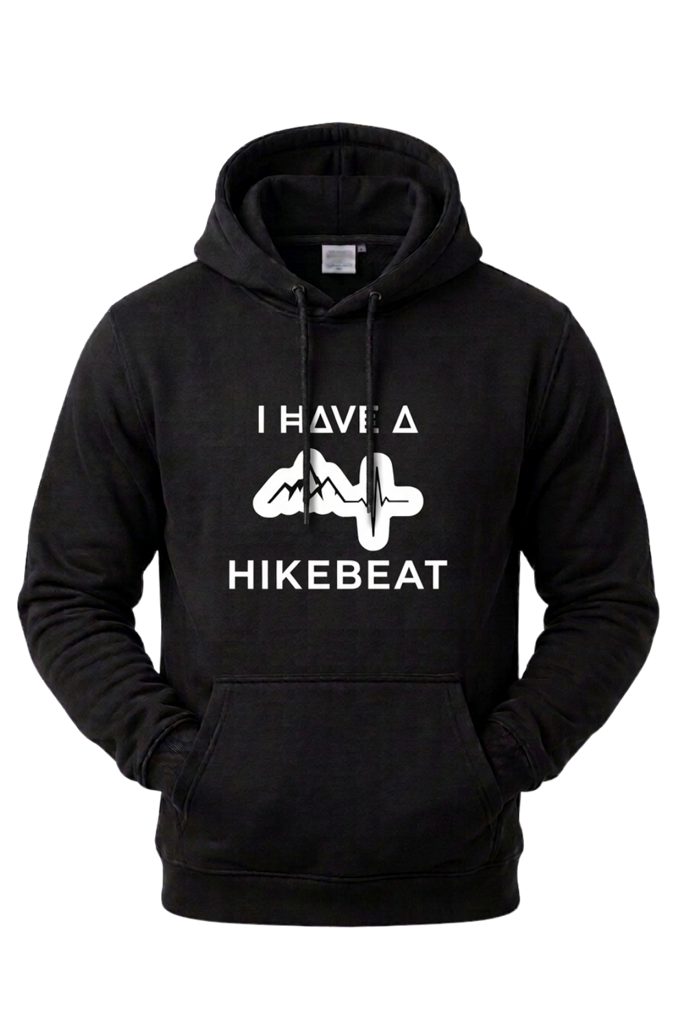 Black hoodie with 'I Have A Hikebeat' text and graphic on a white background