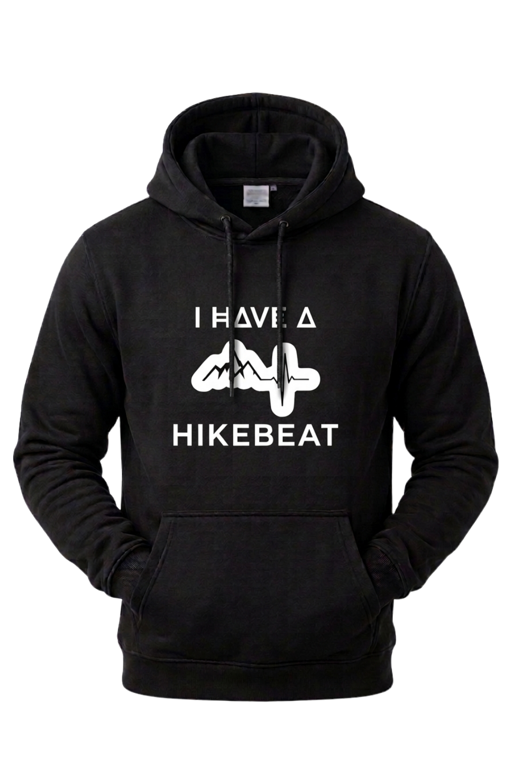 Black hoodie with 'I Have A Hikebeat' text and graphic on a white background