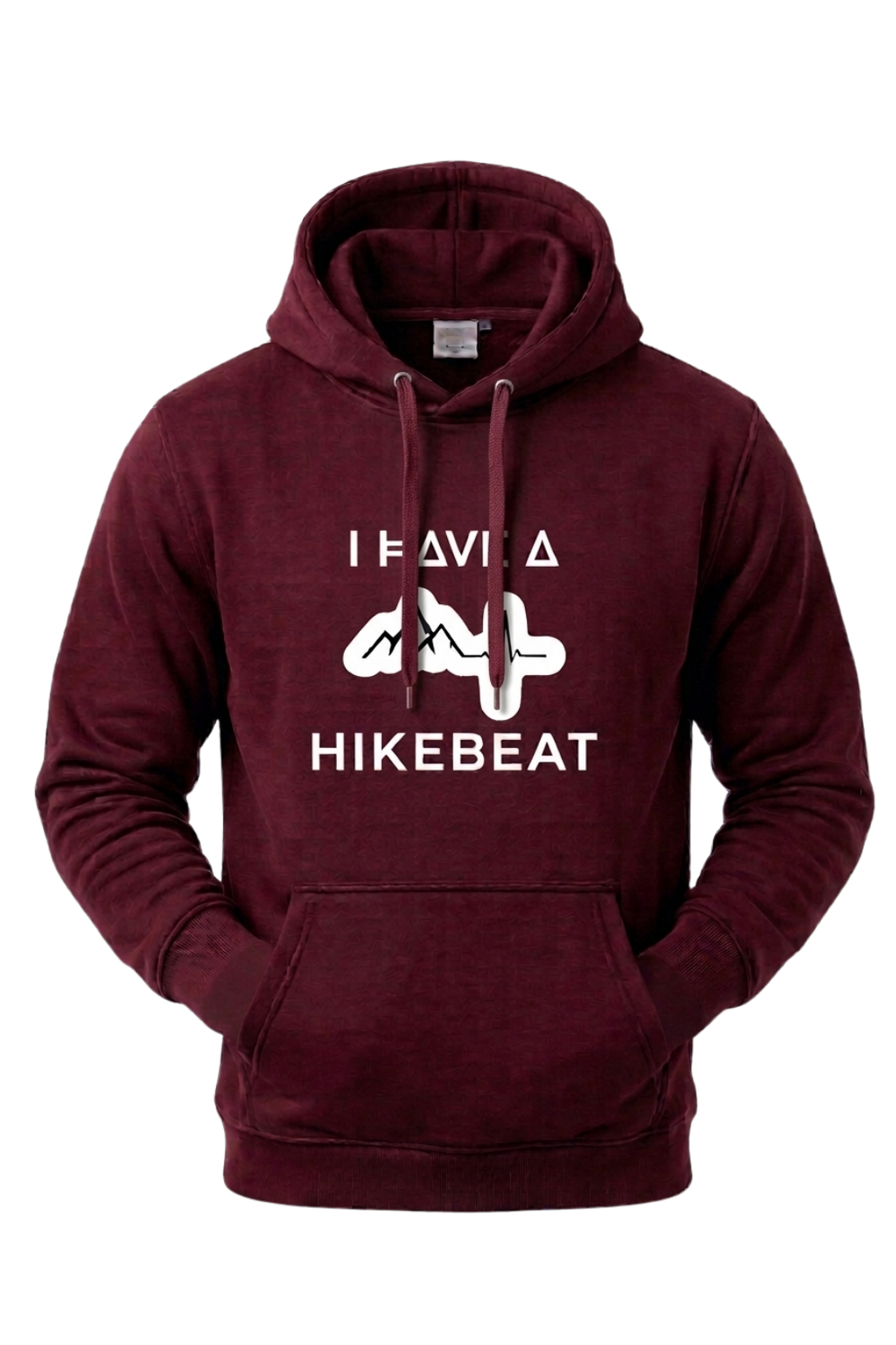 Maroon hoodie with 'I Have A Hikebeat' text and graphic on a white background