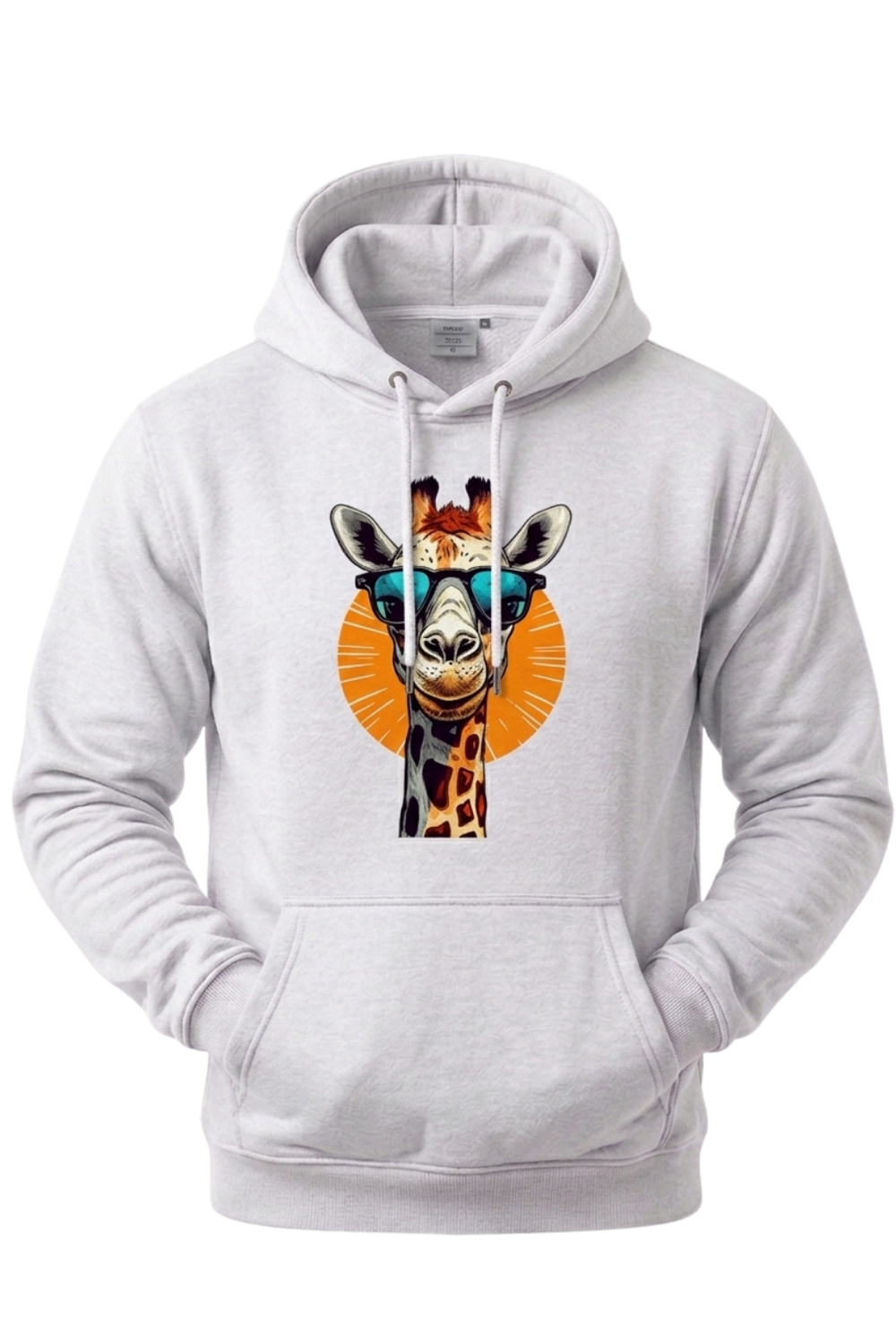 White hoodie with a colorful giraffe design on a white background