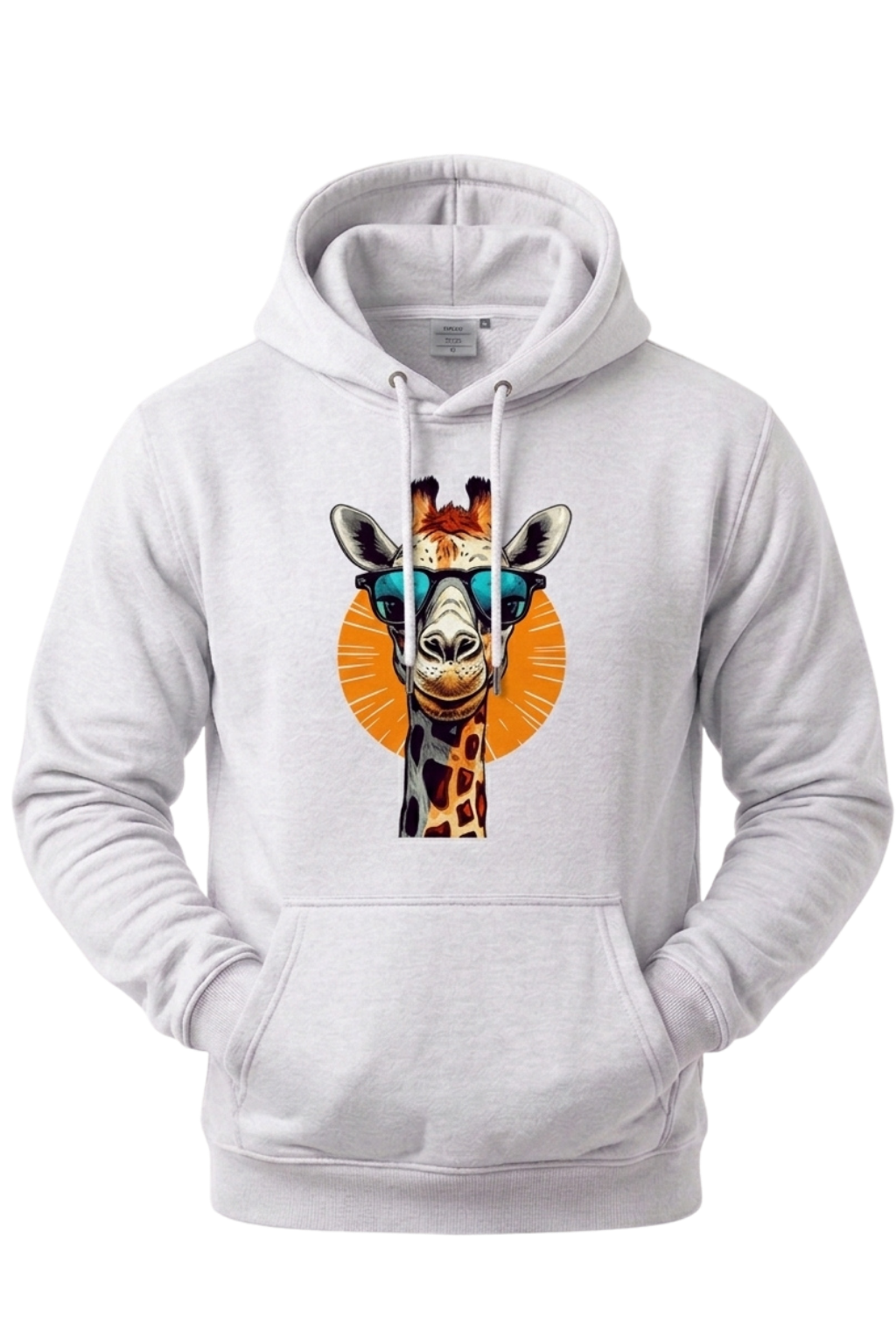 White hoodie with a colorful giraffe design on a white background