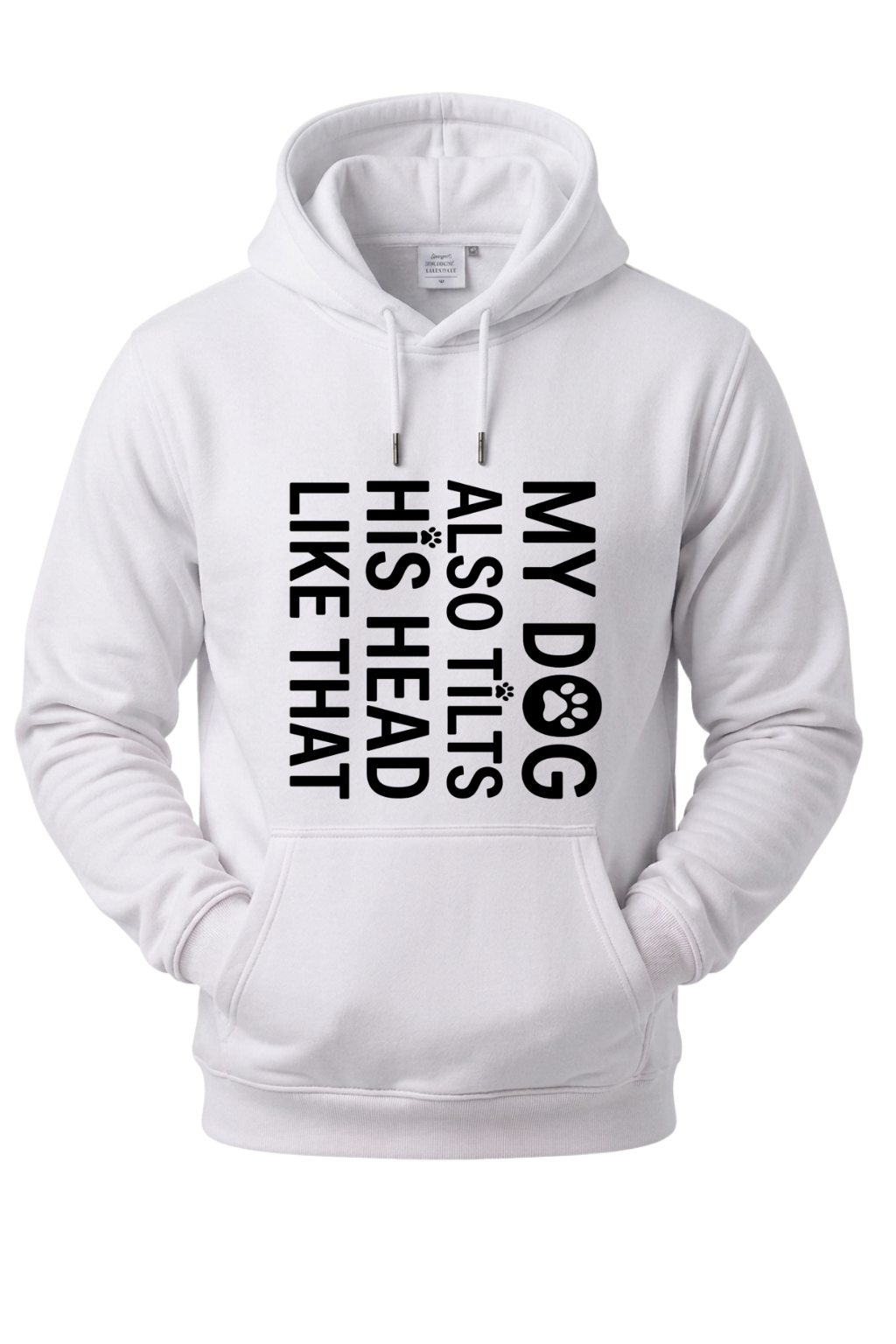 White hoodie with text design on a white background