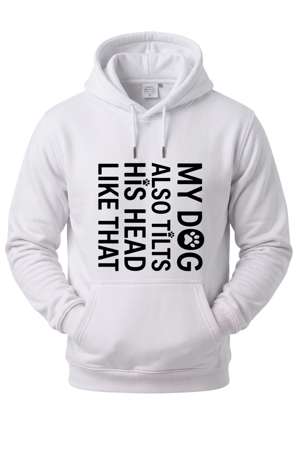 White hoodie with text design on a white background