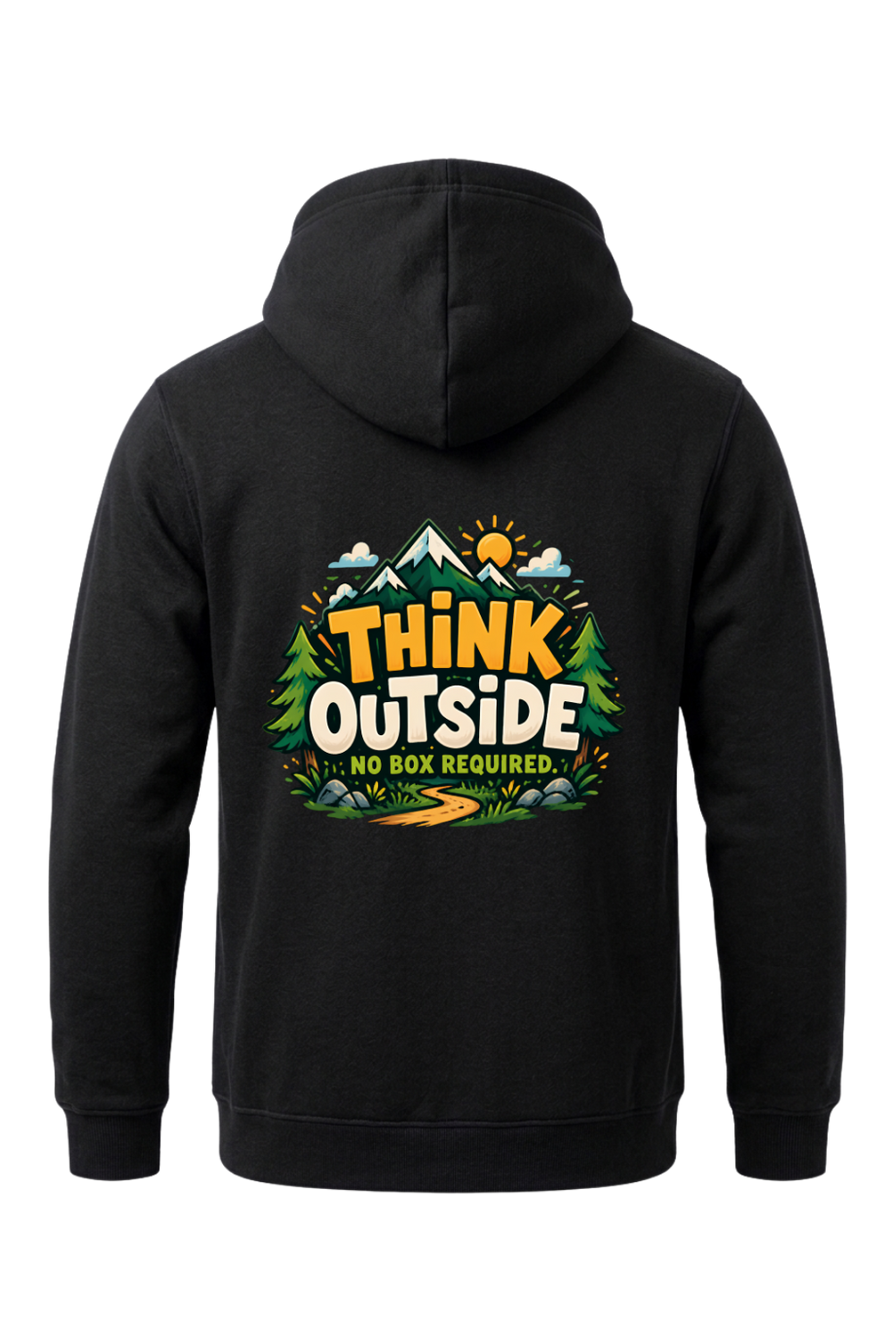 Black hoodie with 'Think Outside No Box Required' graphic on the back