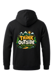Black hoodie with 'Think Outside No Box Required' graphic on the back