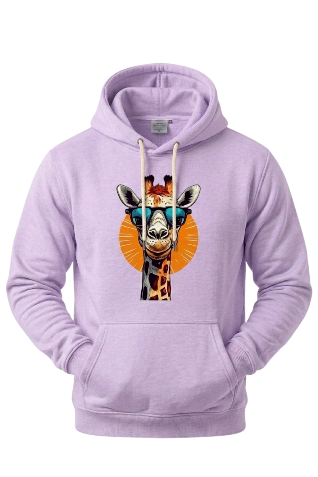 Light purple hoodie with a giraffe graphic on a white background