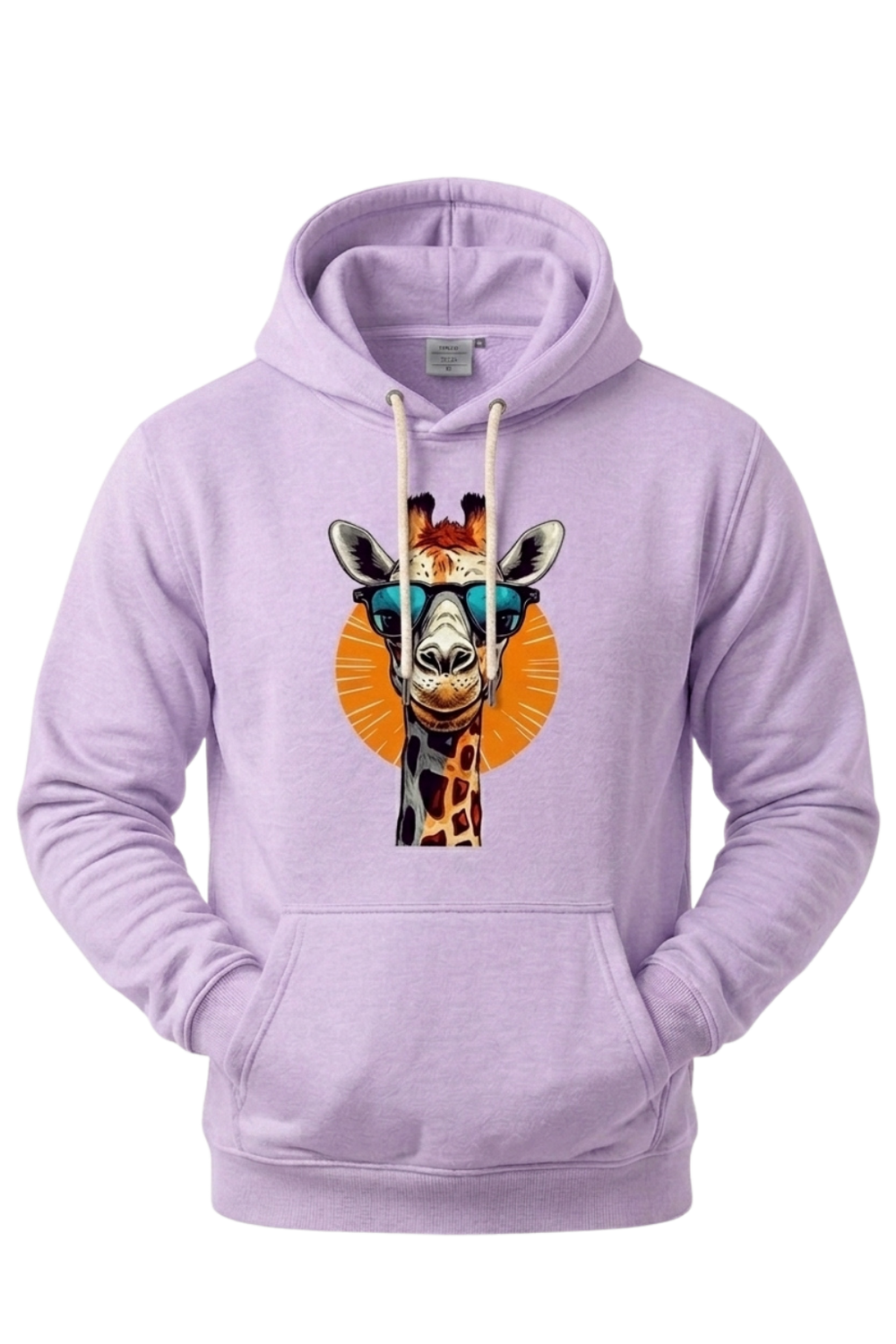 Light purple hoodie with a giraffe graphic on a white background