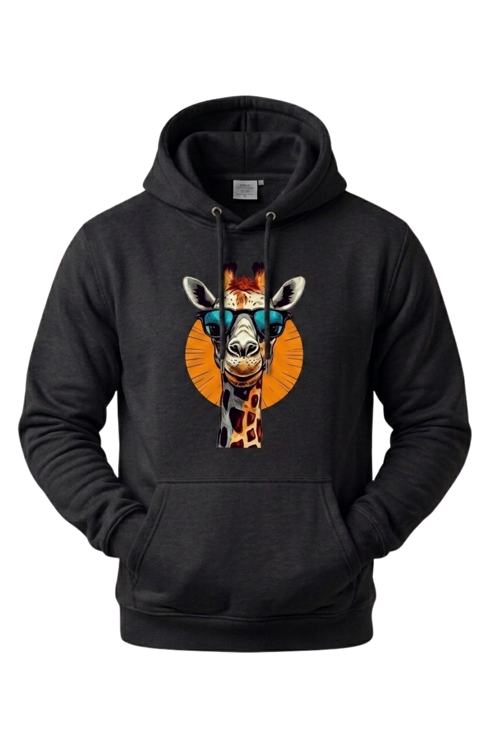 Black hoodie with a colorful giraffe design on a white background
