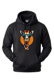 Black hoodie with a colorful giraffe design on a white background