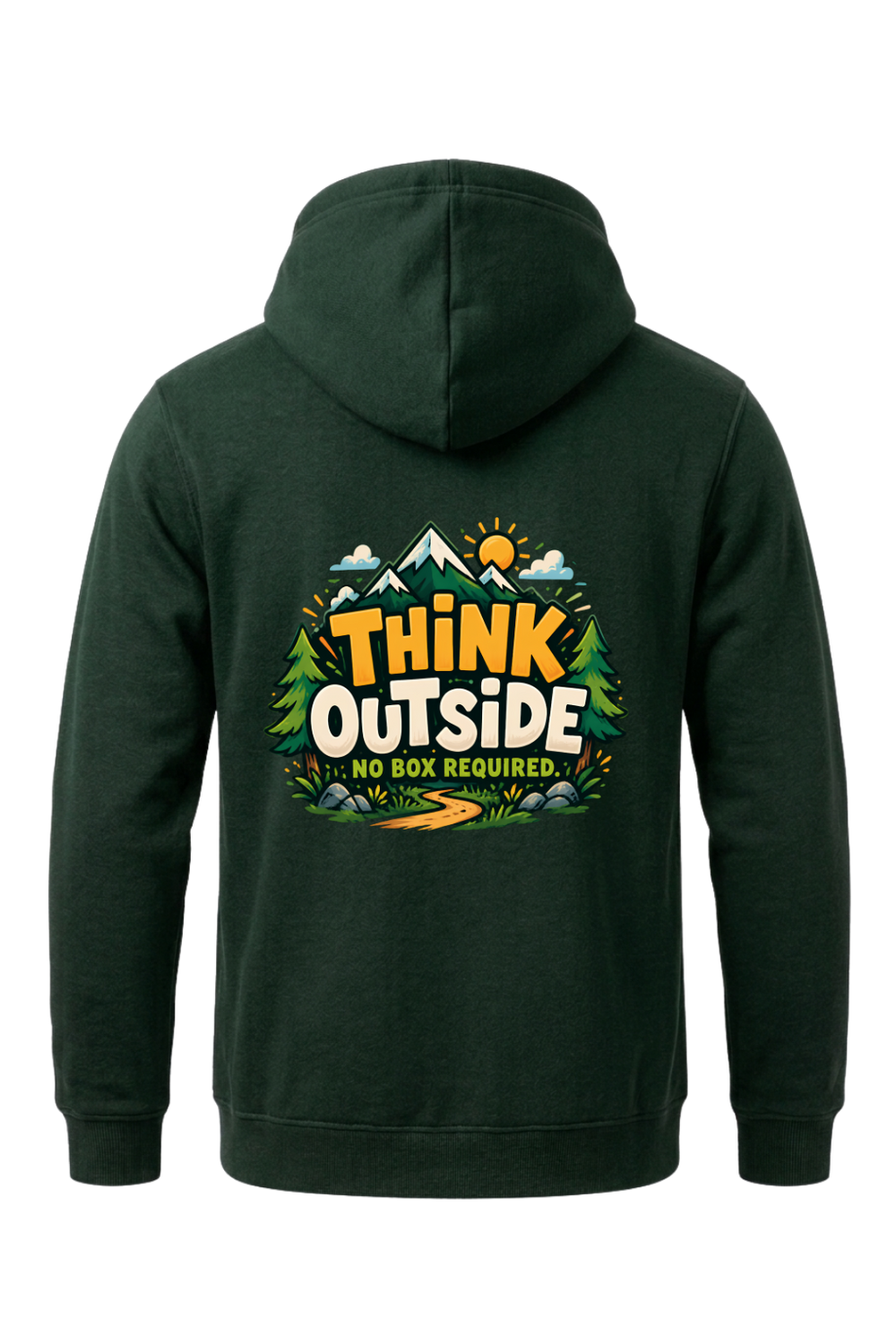 Green hoodie with 'Think Outside No Box Required' graphic on the back