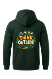Green hoodie with 'Think Outside No Box Required' graphic on the back