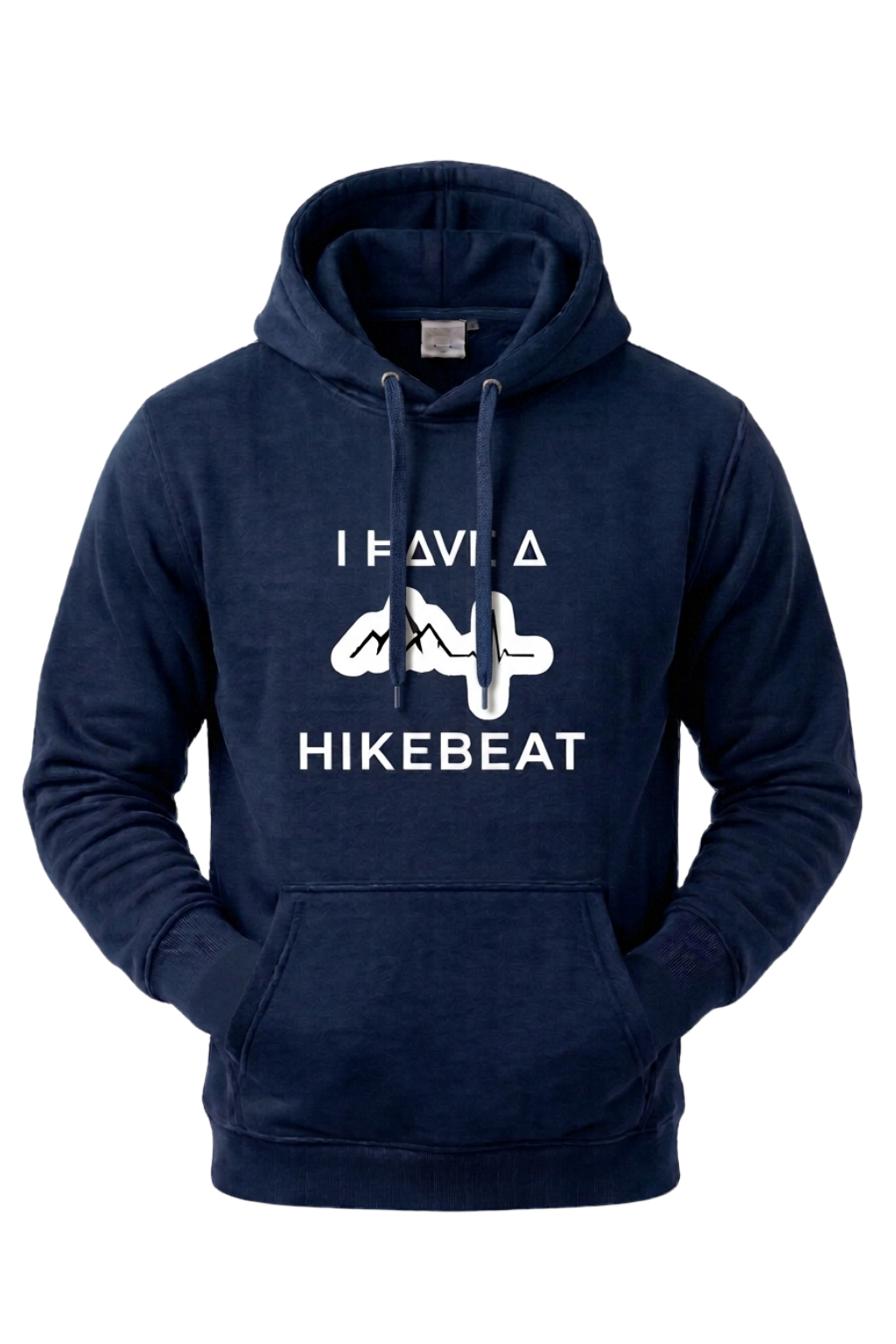 Navy blue hoodie with 'I Have a Hikebeat' text and graphic on a white background