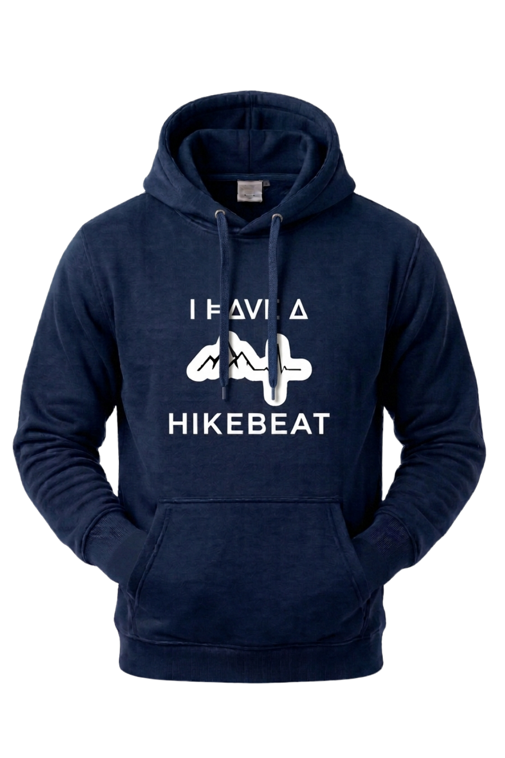 Navy blue hoodie with 'I Have a Hikebeat' text and graphic on a white background