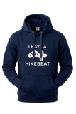 Navy blue hoodie with 'I Have a Hikebeat' text and graphic on a white background