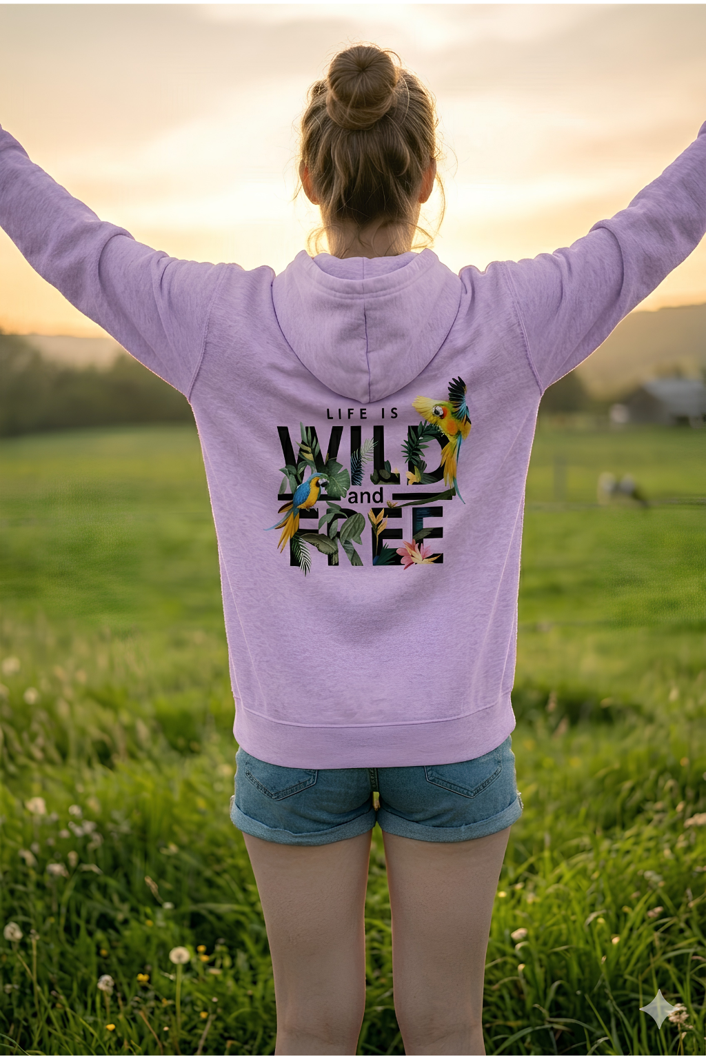 Female wearing a pink hoodie with 'Life is Wild and Free' text and floral design, standing in a field at sunset.