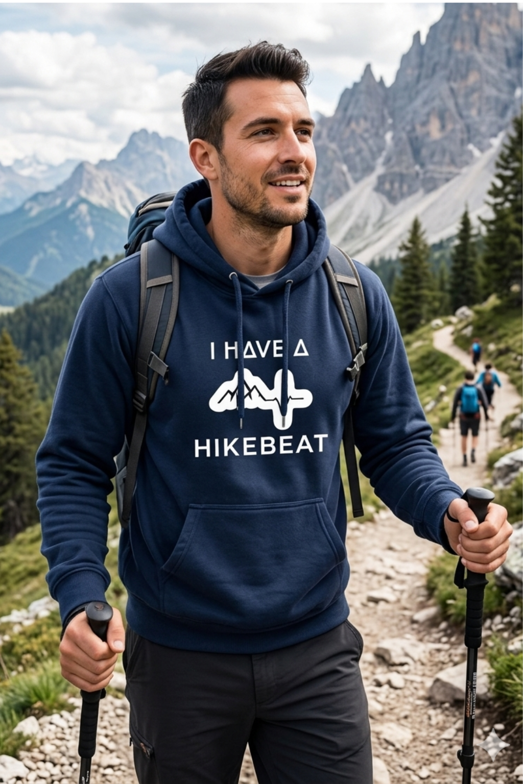 Man hiking in a mountainous area wearing a navy hoodie with 'I HAVE A HIKEBEAT' text.